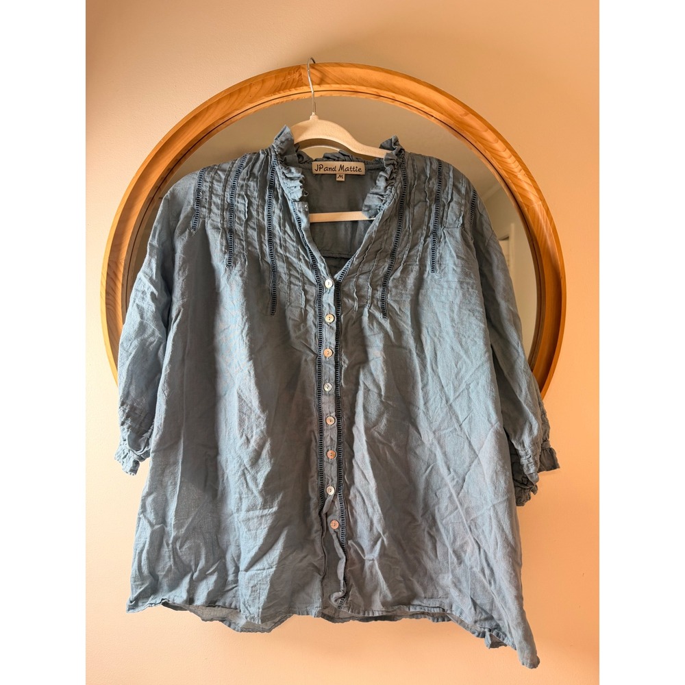 JP and Mattie Blouse Women Medium Blue‎ Excellent Ruffle Lace Boho Top
